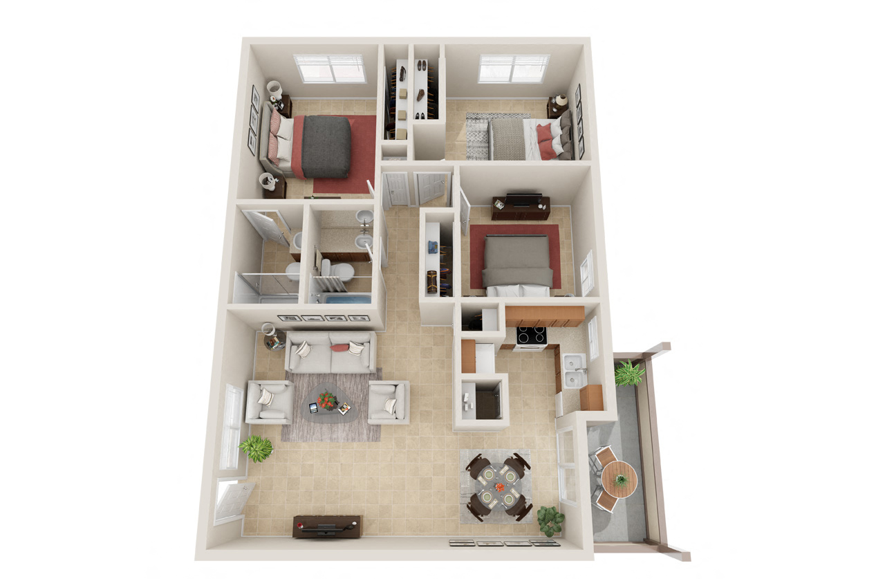 three bedroom two bathroom floor plan including a private patio  at Pacific Sands, San Diego, California